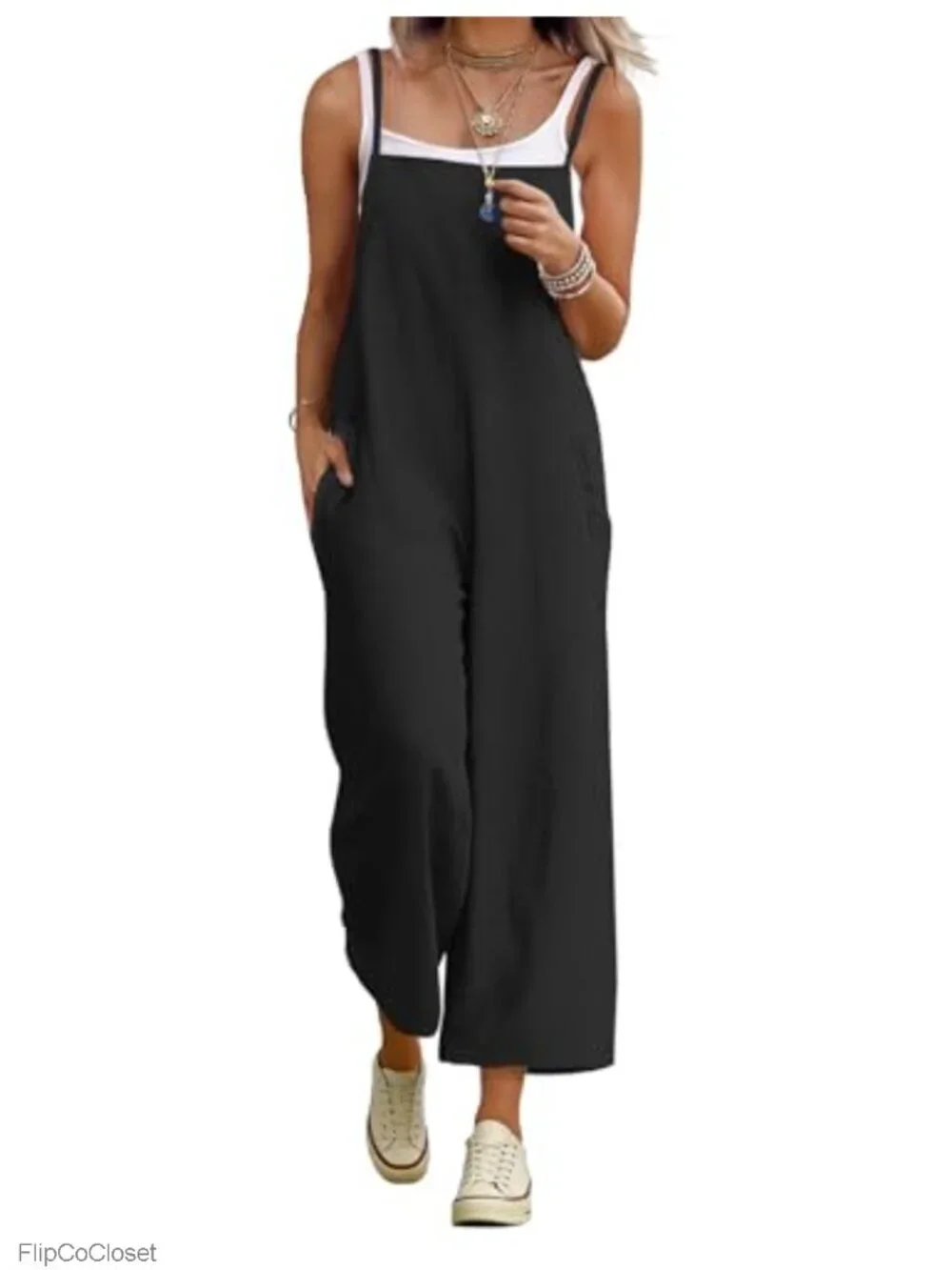 Women's Cotton Wide Leg Jumpsuit Baggy Cropped Romper Overalls with Pockets